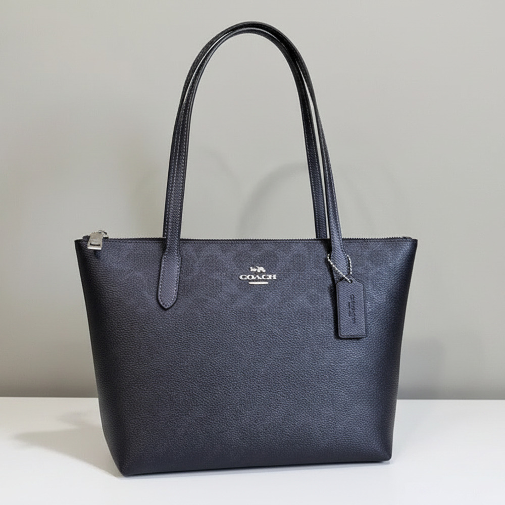 Coach Fiona Zip Tote CW396 Blue Pearlized Leather Canvas Medium - Picture 13 of 13